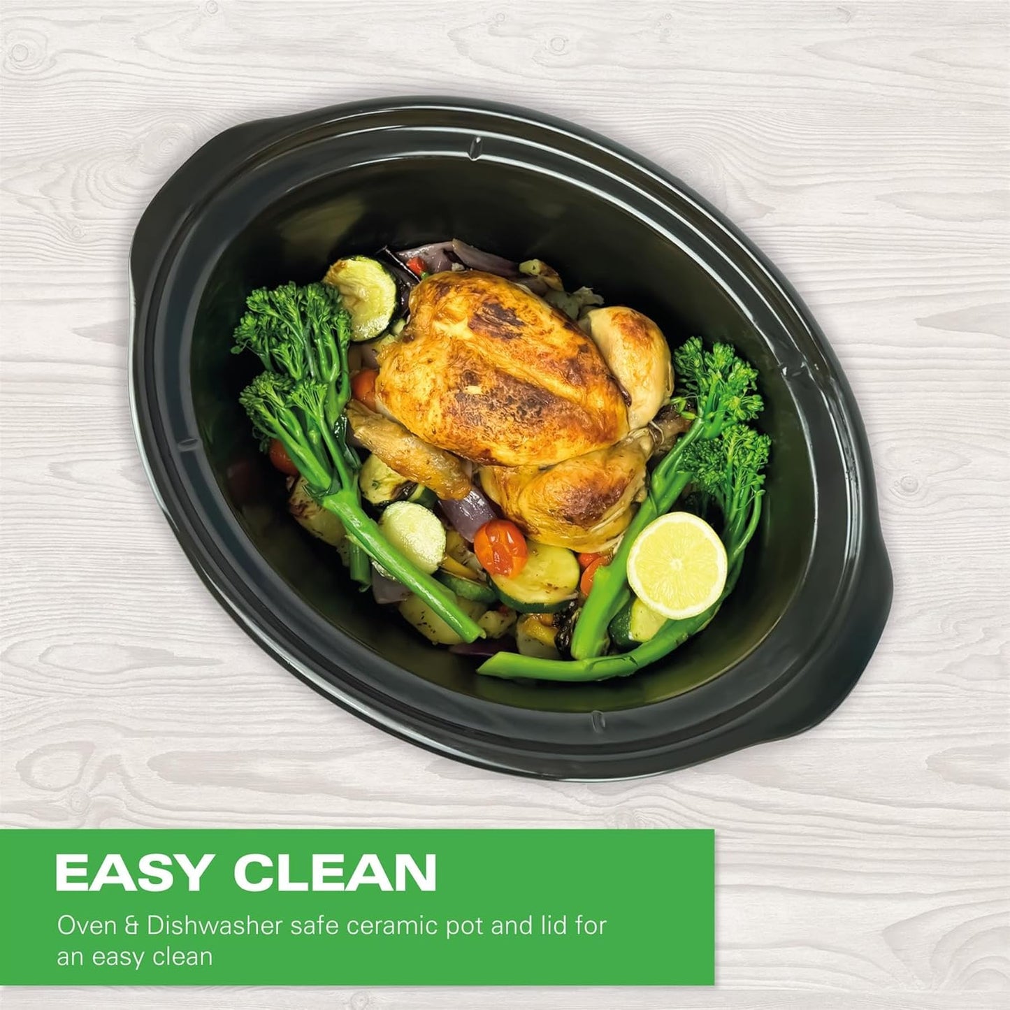 6.5L Slow Cooker, Removable Easy-Clean Ceramic Bowl, 3 Settings, Serves 6-8 People, Energy-Efficient - HBSC070B, Black