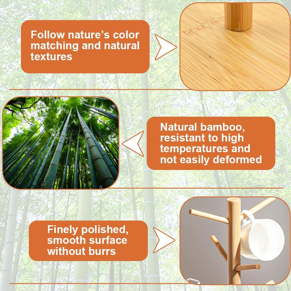 6 Cup Mug Tree Wooden Mug Tree Stand Wood Mug Rack Bamboo Cup Holder Tree Coffee Cup Holder Storage Organizer Kitchen Storage Rack with Anti-Slip Weighted Base for Coffee Tea Mugs Cups