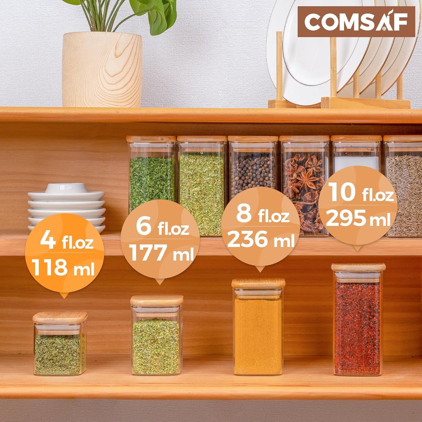 12 Pcs Glass Spice Jars with Bamboo Lids, 4Oz/120Ml Square Glass Storage Jars with 275 Black Lables, Airtight Spice Jars with Lids, Glass Container for Spice, Salt, Sugar, Seeds, Nuts Etc