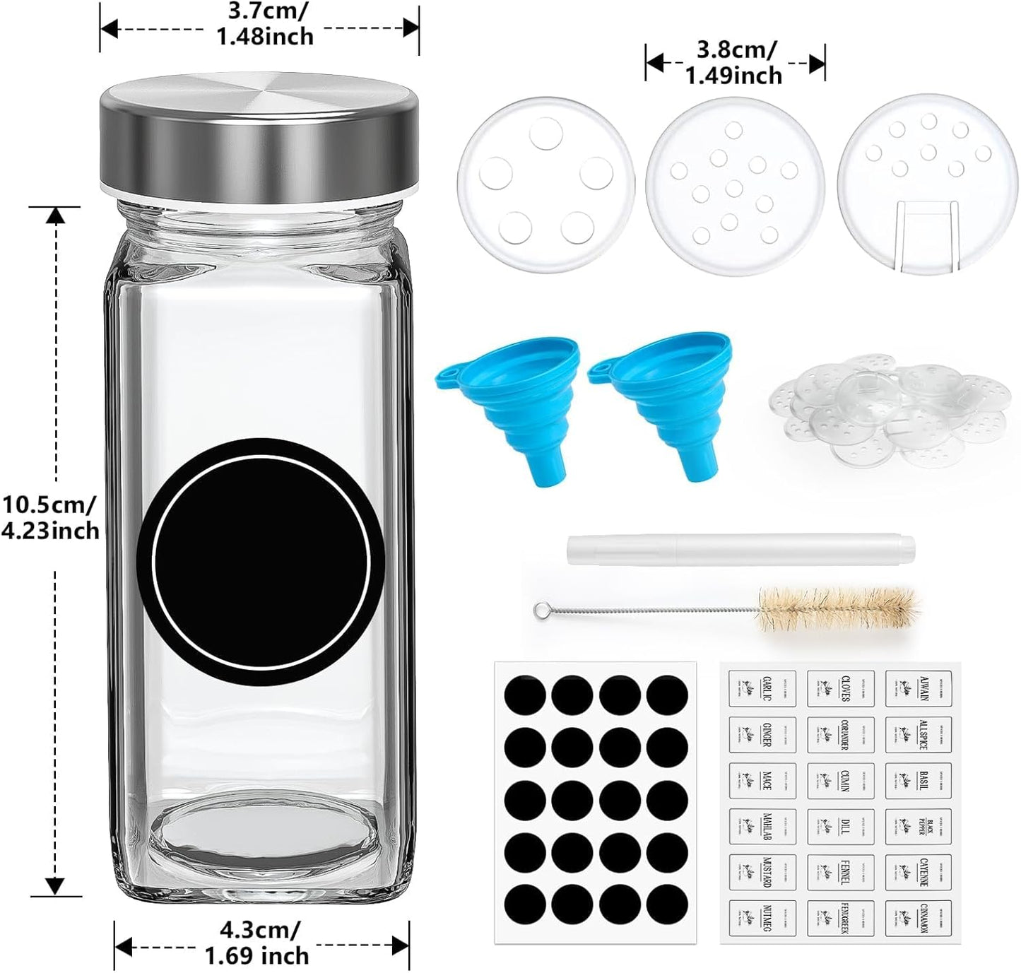 36 Pack Spice Jars with Square Stainless Steel Lids, 120Ml Kitchen Spice Containers with Label , Pen, Hose Brush, 2 Silicone Funnels, for Home Kitchen Spice, Seasonings, Condiments, Herbs Storage