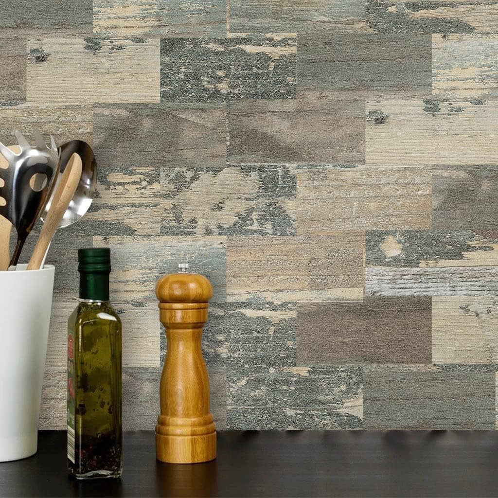 Peel and Stick on Self Adhesive Wall Tiles for Kitchen Splashback Sticky Vintage Wood Look Green 10-Sheet (13.5" X 11.4")