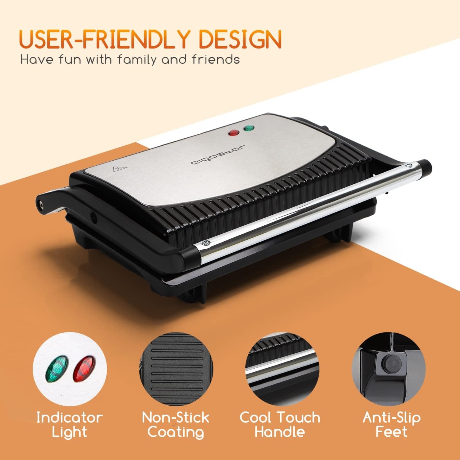 Sandwich Toaster Panini Press, Deep Fill Toastie Maker, Electric Health Grill with Non-Stick Plates, 180° Flat Open, Stainless Steel, Easy to Clean, 800W - York
