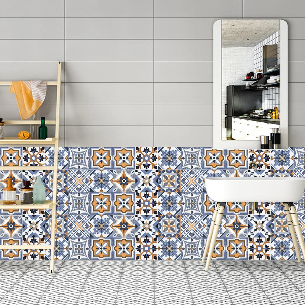 10pcs Blue & Gray Matte Surface Wall Sticker Film For Tiles /Ground in Kitchen Backsplash Floor PVC Art Wallpaper Peel & Stick