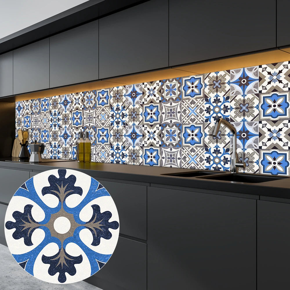 10pcs Blue & Gray Matte Surface Wall Sticker Film For Tiles /Ground in Kitchen Backsplash Floor PVC Art Wallpaper Peel & Stick