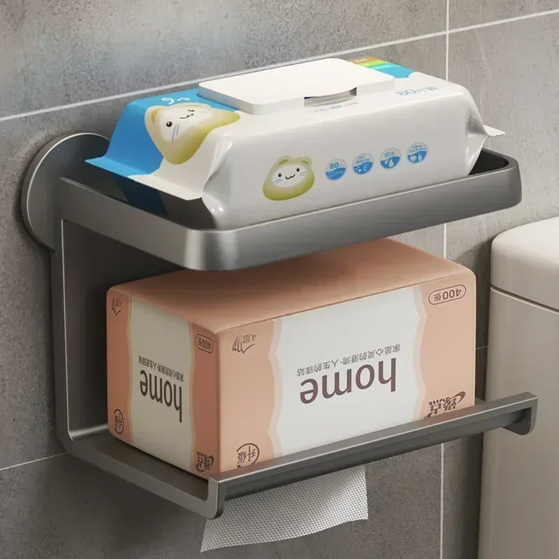 Wall-Mounted Toilet Paper Holder with Storage Shelf – Bathroom & Kitchen Organizer