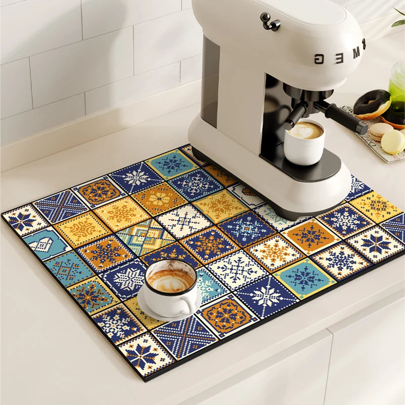 Retro Coffee Maker & Dish Drying Mat – Non-Slip, Quick-Dry, Washable Kitchen Pad