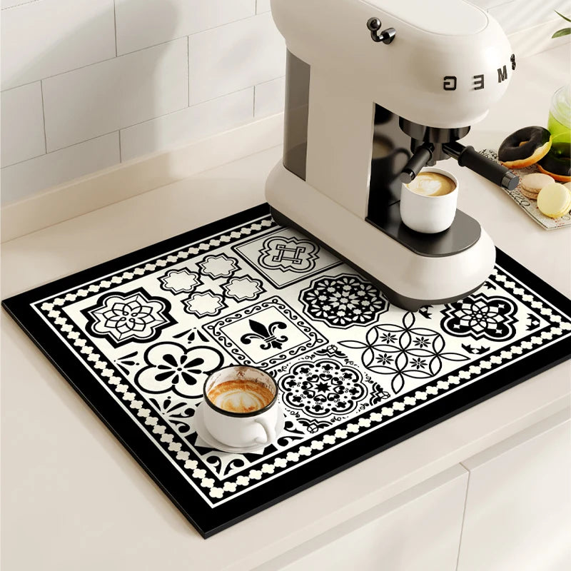 Retro Coffee Maker & Dish Drying Mat – Non-Slip, Quick-Dry, Washable Kitchen Pad