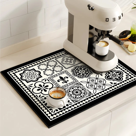 Retro Coffee Maker & Dish Drying Mat – Non-Slip, Quick-Dry, Washable Kitchen Pad