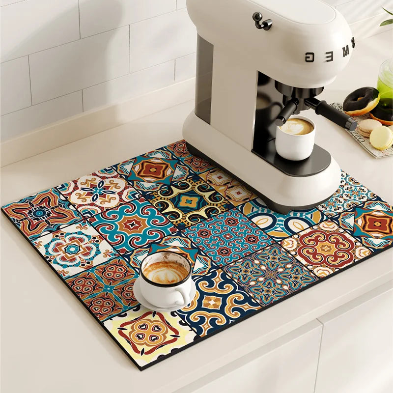 Retro Coffee Maker & Dish Drying Mat – Non-Slip, Quick-Dry, Washable Kitchen Pad