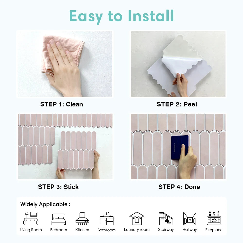 3D Tile Stickers, Self-adhesive Pink Tile Backsplashes for Kitchen, Bathroom Walls, Water and Mold Resistant, Matt, 30x30cm