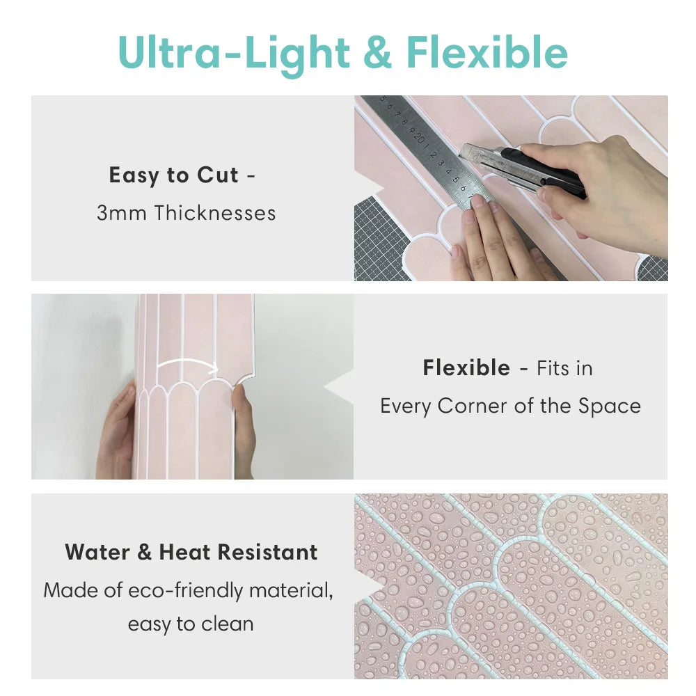 3D Tile Stickers, Self-adhesive Pink Tile Backsplashes for Kitchen, Bathroom Walls, Water and Mold Resistant, Matt, 30x30cm