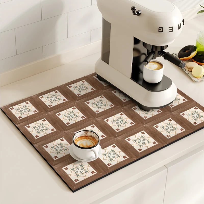 Retro Coffee Maker & Dish Drying Mat – Non-Slip, Quick-Dry, Washable Kitchen Pad