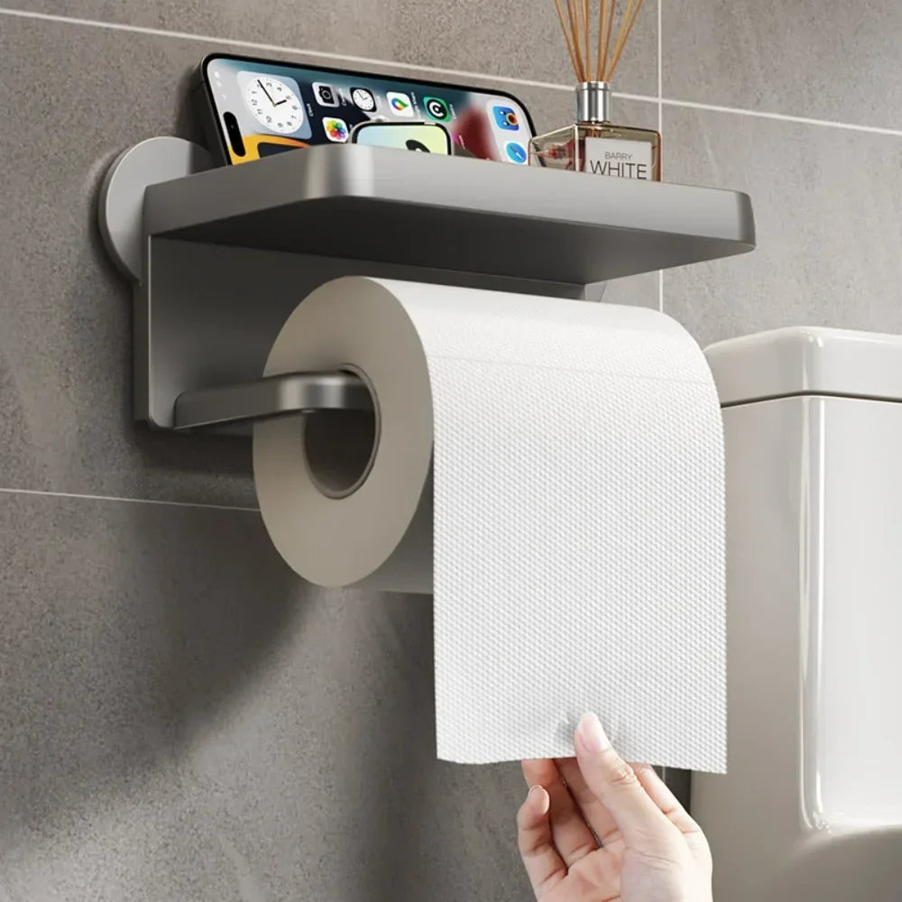 Wall-Mounted Toilet Paper Holder with Storage Shelf – Bathroom & Kitchen Organizer