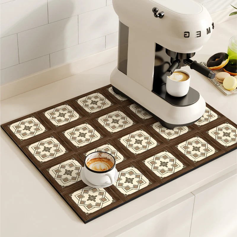 Retro Coffee Maker & Dish Drying Mat – Non-Slip, Quick-Dry, Washable Kitchen Pad