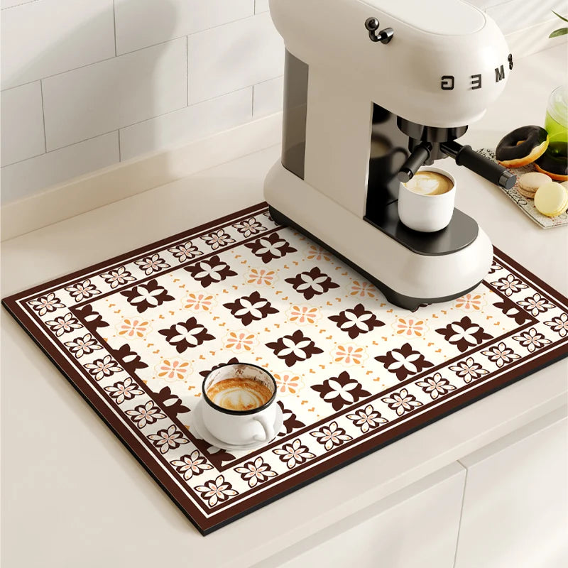Retro Coffee Maker & Dish Drying Mat – Non-Slip, Quick-Dry, Washable Kitchen Pad
