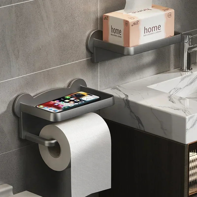 Wall-Mounted Toilet Paper Holder with Storage Shelf – Bathroom & Kitchen Organizer