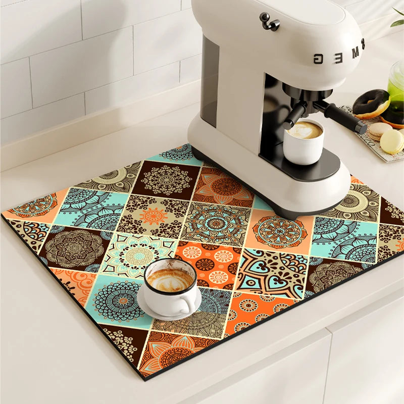 Retro Coffee Maker & Dish Drying Mat – Non-Slip, Quick-Dry, Washable Kitchen Pad