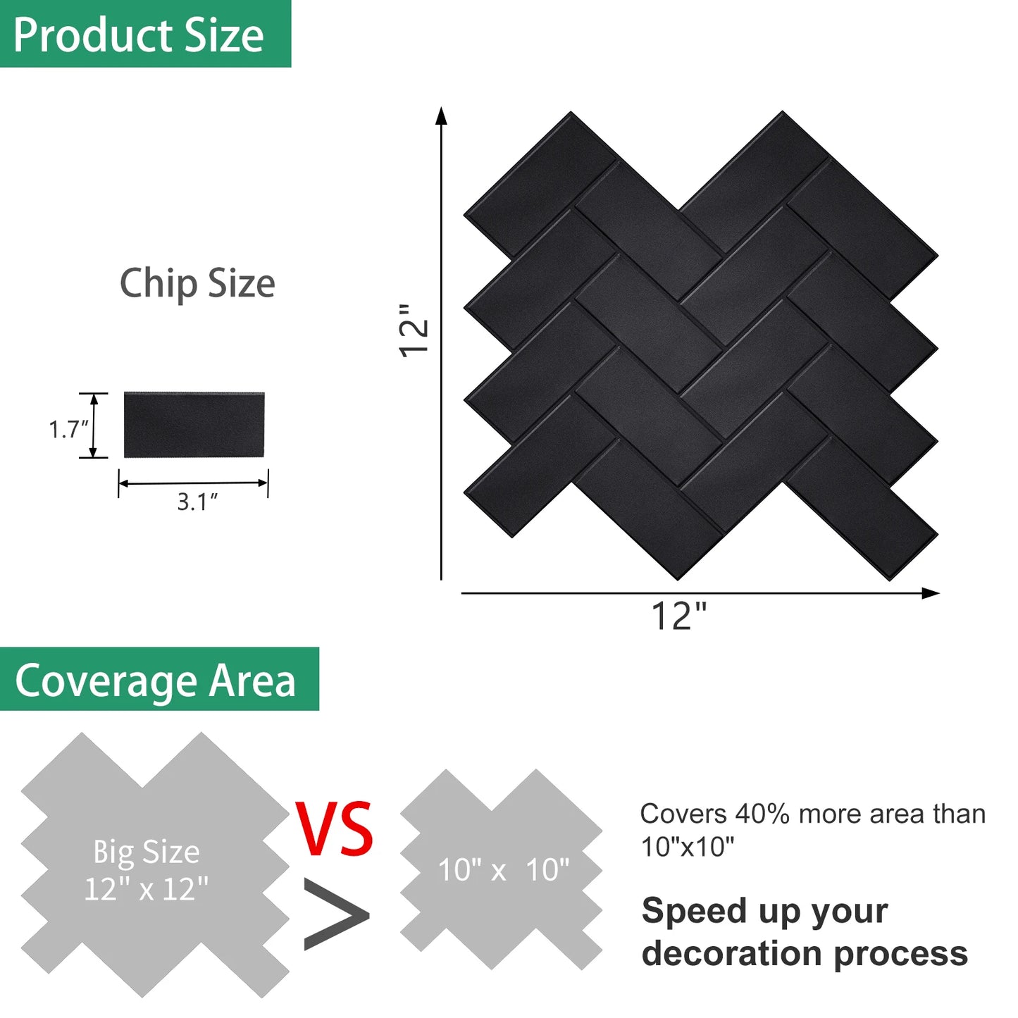 10 Pieces Peel and Stick Herringbone Wall Tiles DIY Kitchen Backsplash Big SIze Wall Sticker Waterproof Vinyl Wallpaper for Home
