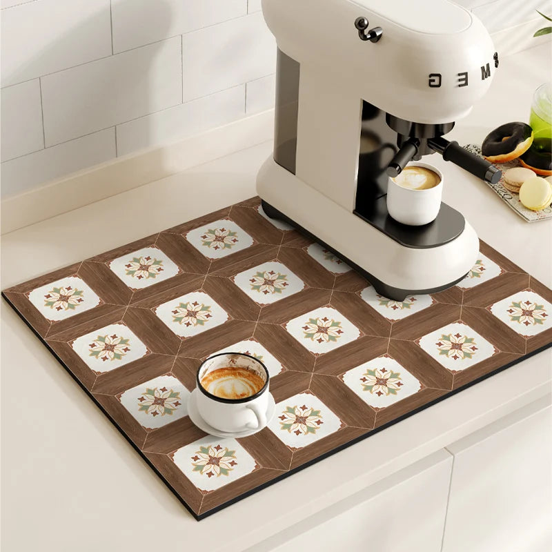 Retro Coffee Maker & Dish Drying Mat – Non-Slip, Quick-Dry, Washable Kitchen Pad