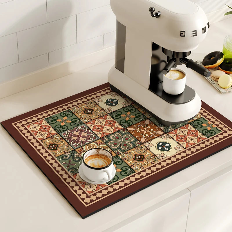Retro Coffee Maker & Dish Drying Mat – Non-Slip, Quick-Dry, Washable Kitchen Pad