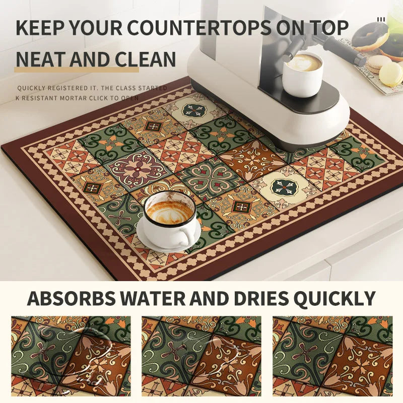 Retro Coffee Maker & Dish Drying Mat – Non-Slip, Quick-Dry, Washable Kitchen Pad