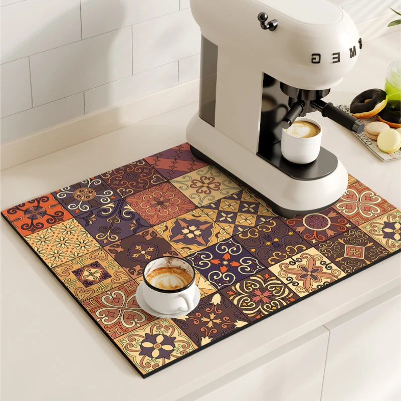 Retro Coffee Maker & Dish Drying Mat – Non-Slip, Quick-Dry, Washable Kitchen Pad