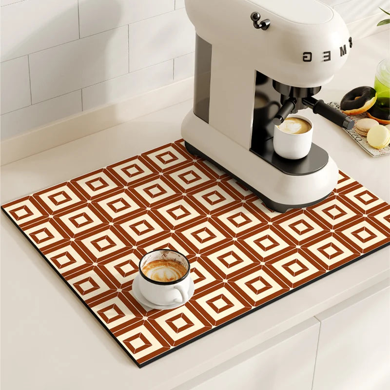 Retro Coffee Maker & Dish Drying Mat – Non-Slip, Quick-Dry, Washable Kitchen Pad