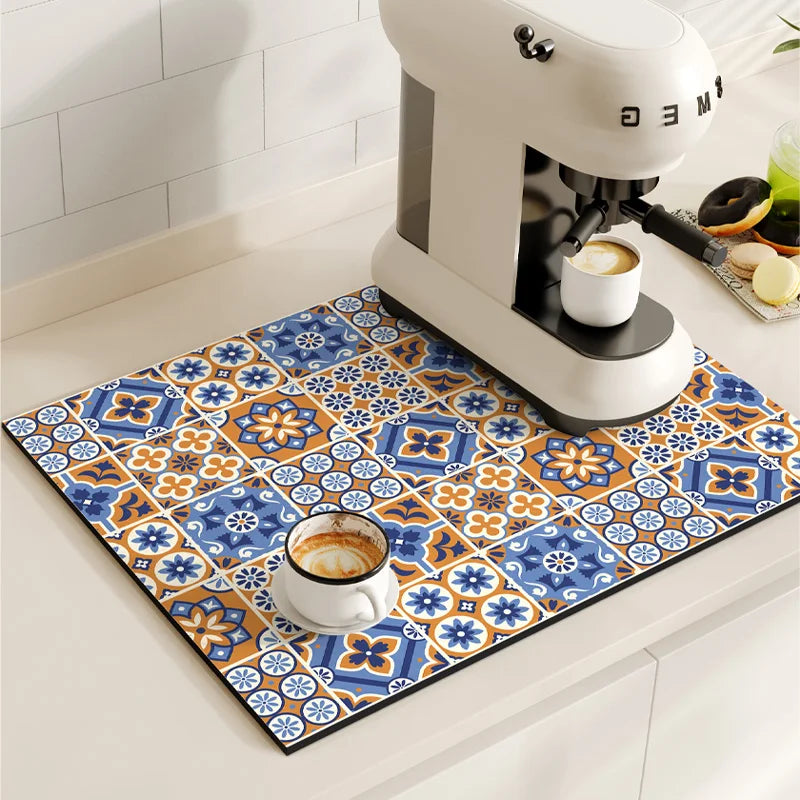 Retro Coffee Maker & Dish Drying Mat – Non-Slip, Quick-Dry, Washable Kitchen Pad