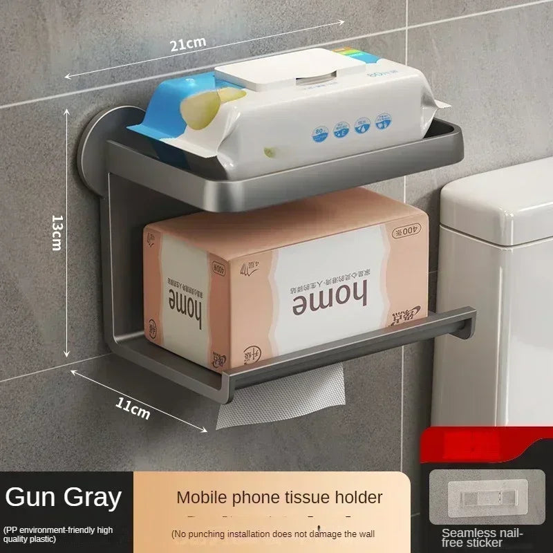 Wall-Mounted Toilet Paper Holder with Storage Shelf – Bathroom & Kitchen Organizer