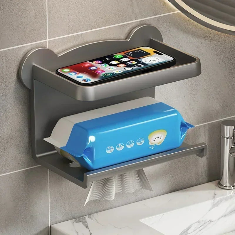 Wall-Mounted Toilet Paper Holder with Storage Shelf – Bathroom & Kitchen Organizer