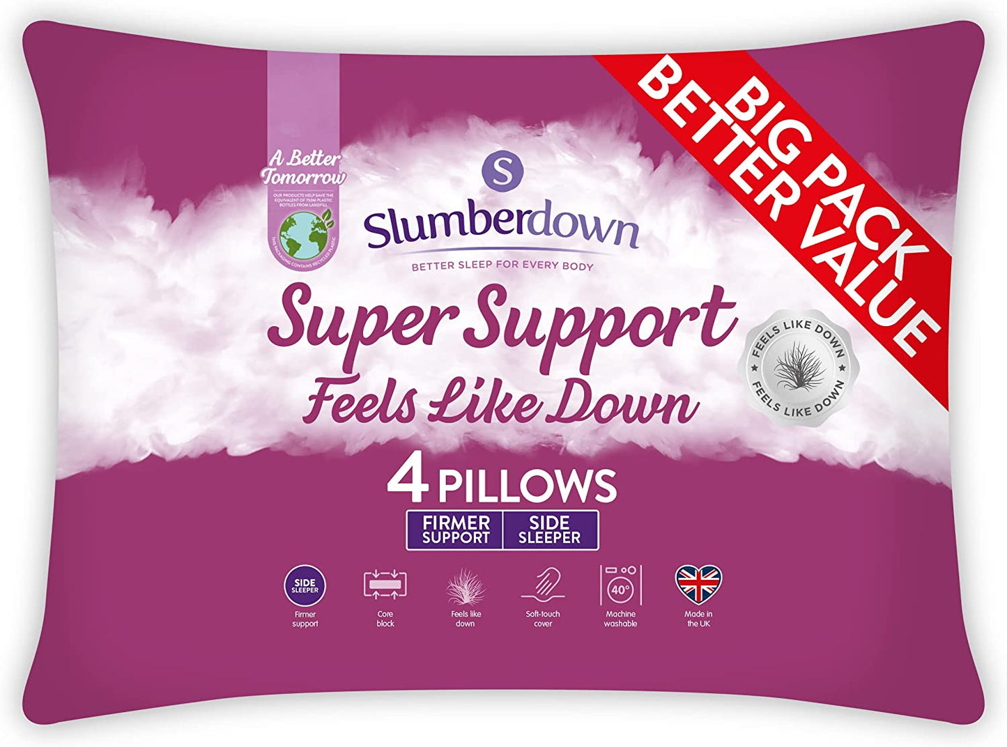 Pillows 4 Pack - Super Support Firm Side Sleeper Bed Pillows for Neck and Shoulder Pain Relief - Comfy & Supportive Pillow, Hypoallergenic, Made in the UK, Standard Size (48Cm X 74Cm)