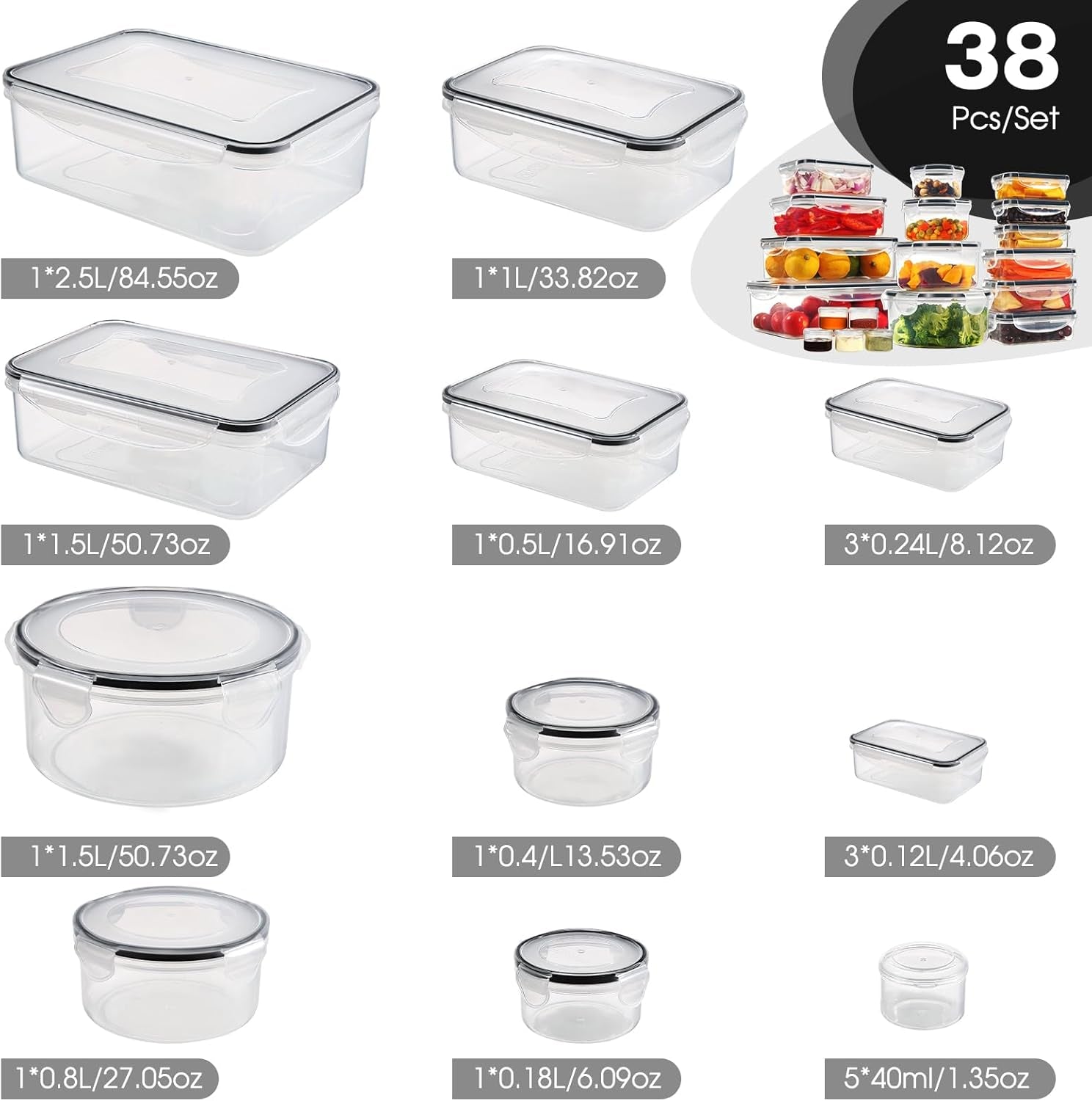 38PCS Food Storage Containers with Lids Airtight, Plastic Food Containers for Kitchen Storage Organization, 100% Leakproof, Bpa-Free Meal Prep Containers with Labels & Marker