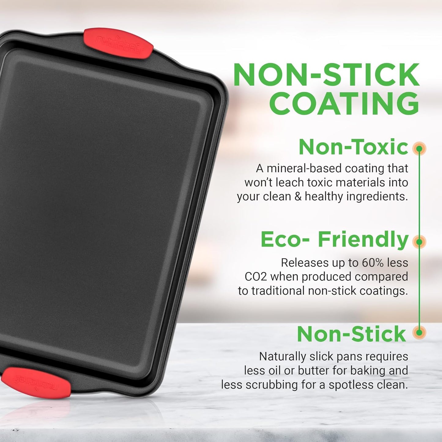 Baking Tray Set - Oven Baking Pans, 3 Piece Non-Stick Oven Trays, Deluxe & Stylish High Quality - Matal Bakeware, Black W/Red Silicone Handles