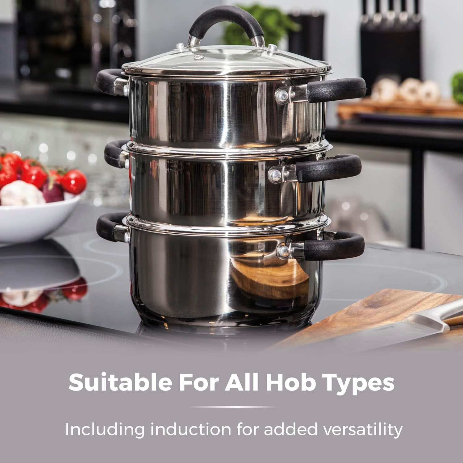 T80836 Essentials Induction Steamer Pans 3 Tier with Glass Lid, Silicone Handles, Stainless Steel, Steamer Cooking, Polished Mirror Finish, 18 Cm , Silver