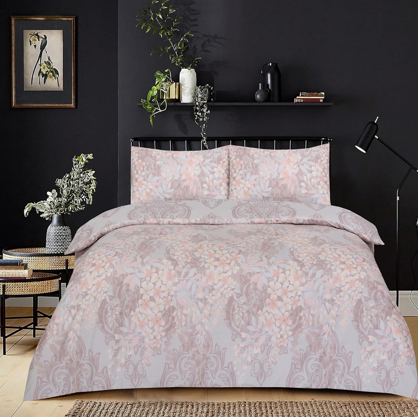 Best Linen 4 Piece Duvet Cover Set Polyester Cotton Quilt Cover Pillow Case & Fitted Sheet Complete Bedding Set Easy Care Machine Wash anti Allergic (Floral Grey, Double) (Duvetcover001)