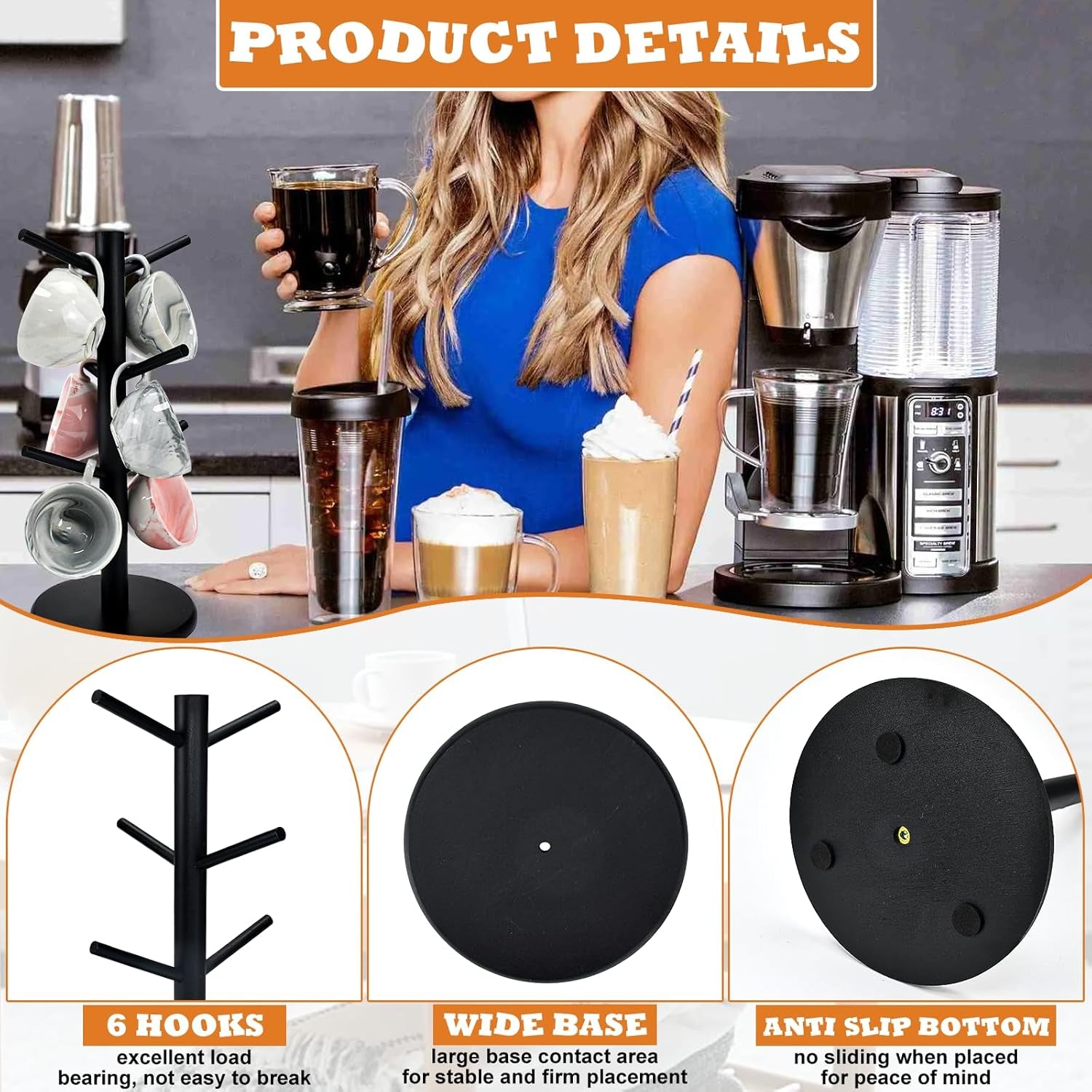 6 Cups Mug Tree Bamboo Cup Holder Tree Coffee Cup Holder Storage Rack Wood Cup Holder Storage Organizer Kitchen Mug Stand Hanger with Thickened Base for Coffee Mugs Tea Cups Tree, Black