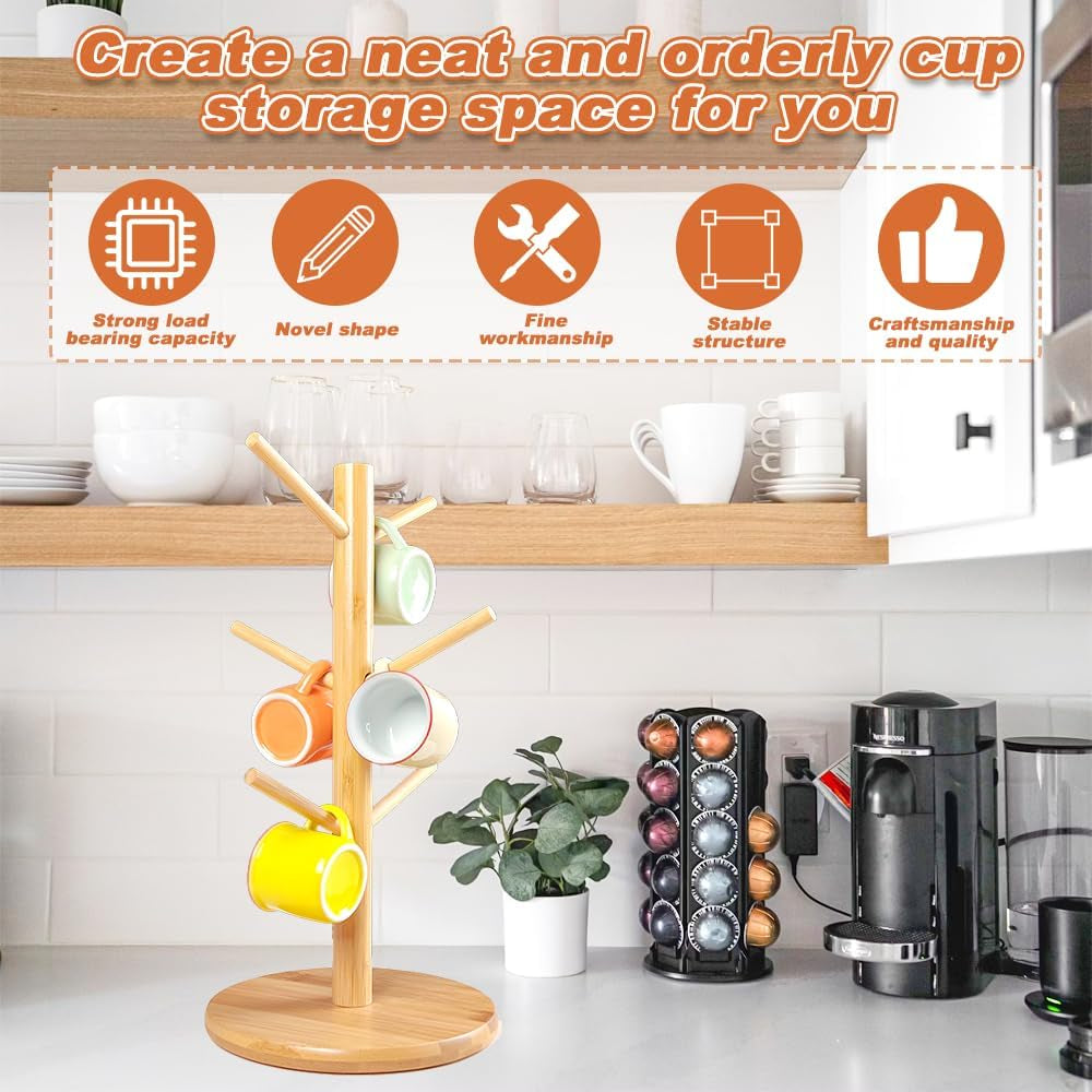 6 Cup Mug Tree Wooden Mug Tree Stand Wood Mug Rack Bamboo Cup Holder Tree Coffee Cup Holder Storage Organizer Kitchen Storage Rack with Anti-Slip Weighted Base for Coffee Tea Mugs Cups
