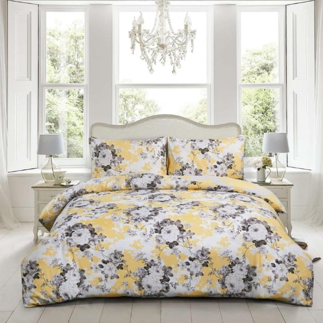 Best Linen 4 Piece Duvet Cover Set Polyester Cotton Quilt Cover Pillow Case & Fitted Sheet Complete Bedding Set Easy Care Machine Wash anti Allergic (Floral Grey, Double) (Duvetcover001)