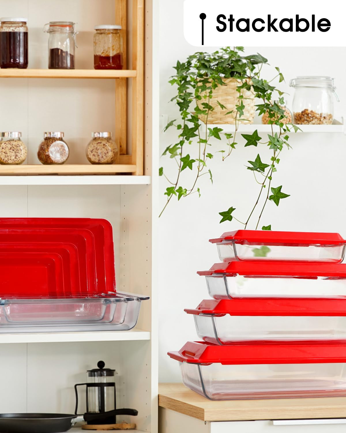 Set of 4 Glass Baking Dish with Lids, Lasagne Dish Set, Lasagna Dishes for Oven, Rectangular Glass Baking Dishes (1.0+1.7+2.8+4.2L)