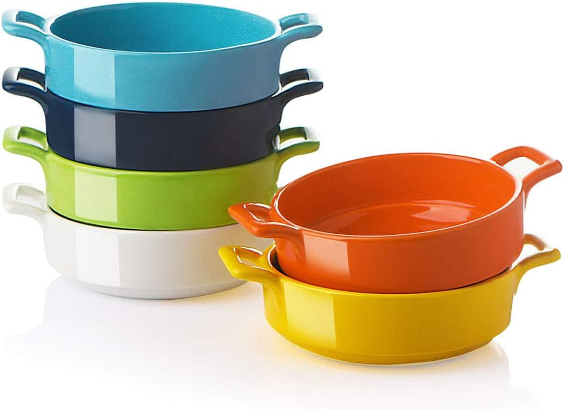 Ceramic Souffle Dishes, round Handle-Ramekins-Baking, 300Ml for Pudding,Creme Brulee,Souffle - Set of 6 (Multicolour)