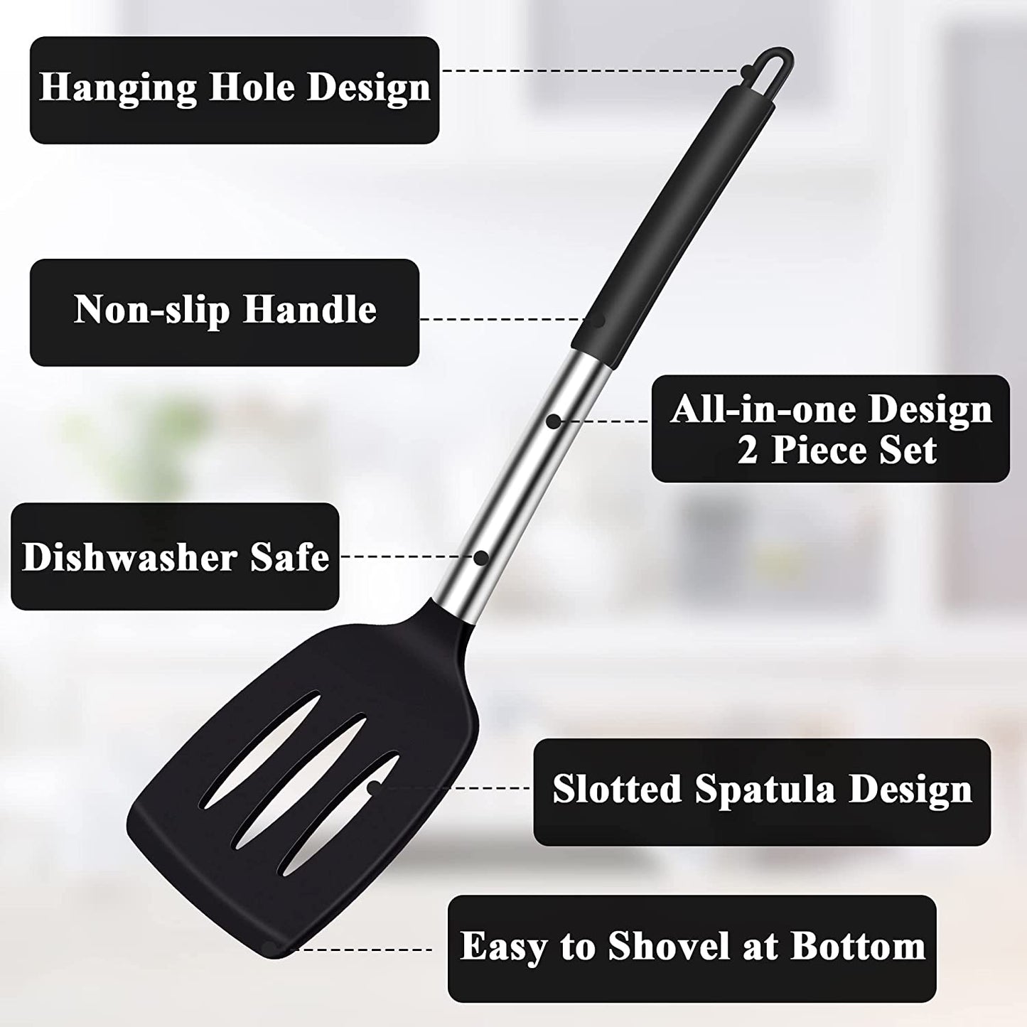 Silicone Spatula Turner, Heat Resistant Slotted Spatula Solid Turner for Cooking, BPA Free Large Black Silicone Spatula Kitchen Utensils for Baking Non Stick Cookware, Dishwasher Safe, 2 Pack