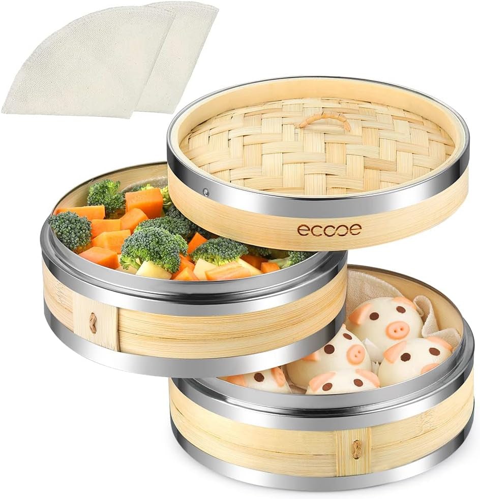 Bamboo Food Steamer,7.87″ (20.5Cm) Steaming Basket 2-Tiers with Lid+2 Cotton Cloths,Steamer Cooking Attachment with Stainless Steel Strip Formation,Best for Vegetables,Dim Sum, Meat and Fish