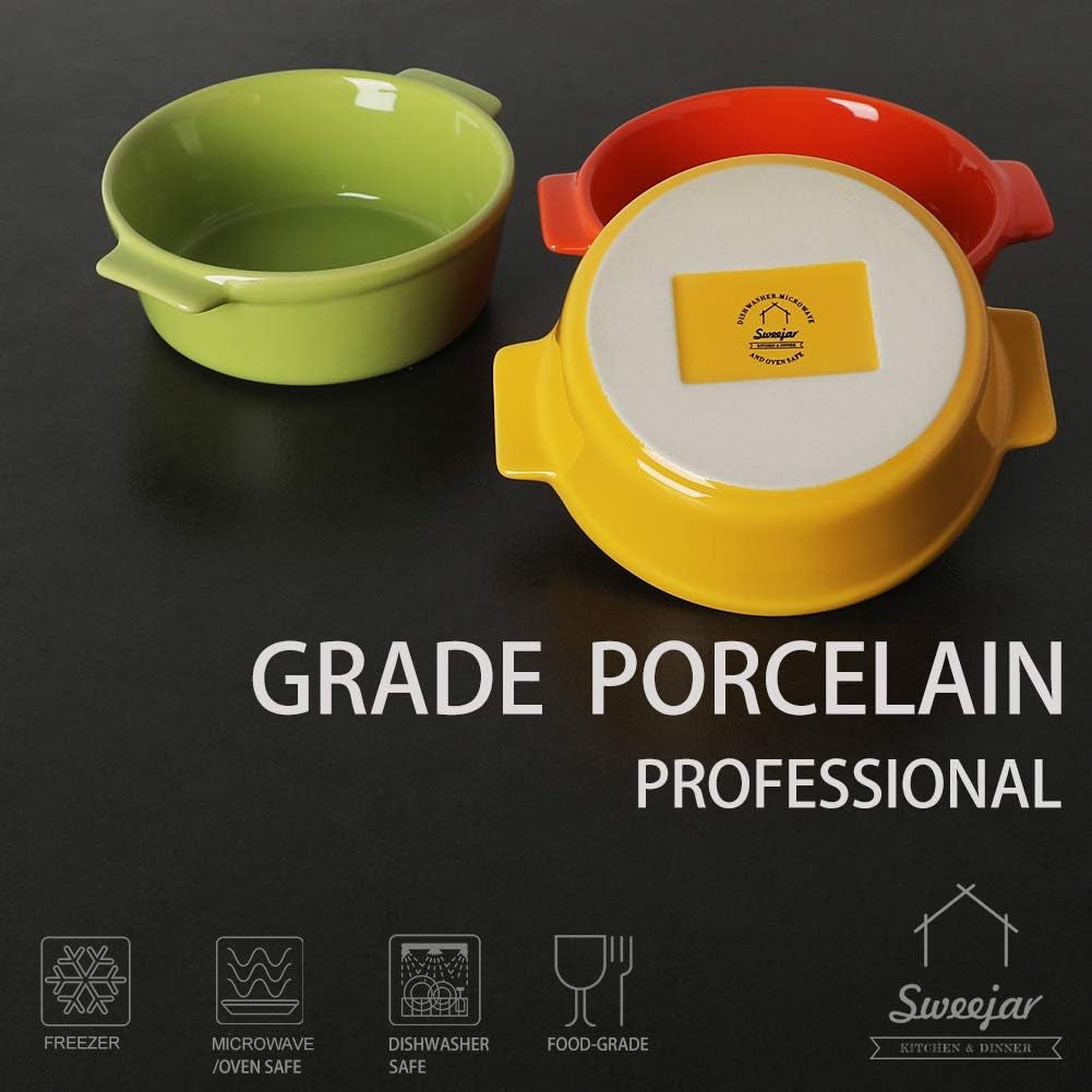 Ceramic Souffle Dishes, round Handle-Ramekins-Baking, 300Ml for Pudding,Creme Brulee,Souffle - Set of 6 (Multicolour)