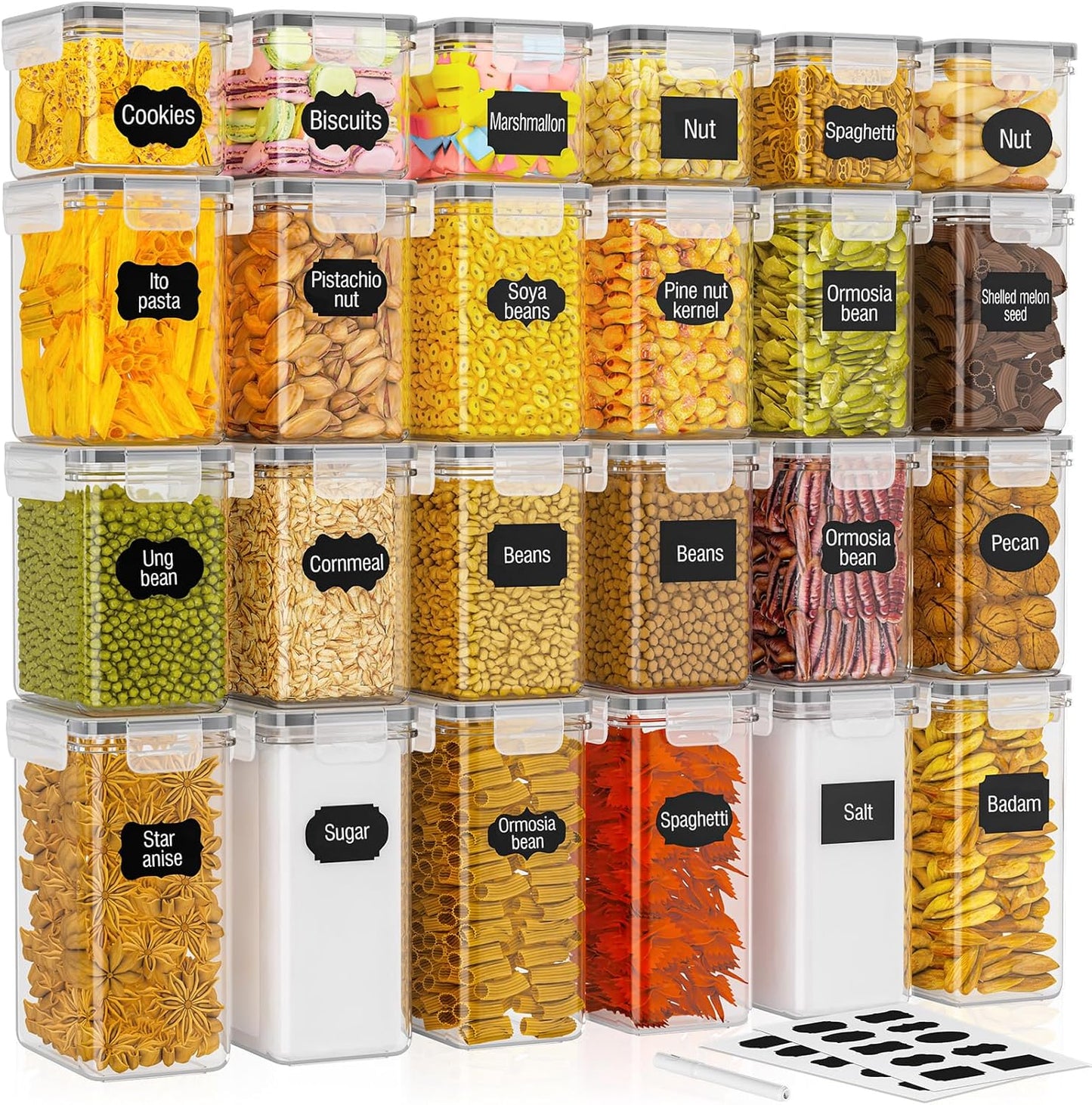 24 Pack Food Storage Containers - BPA Free, Airtight Kitchen Storage for Cereal, Flour, Sugar & Baking Supplies with 24 Labels & 1 Marker