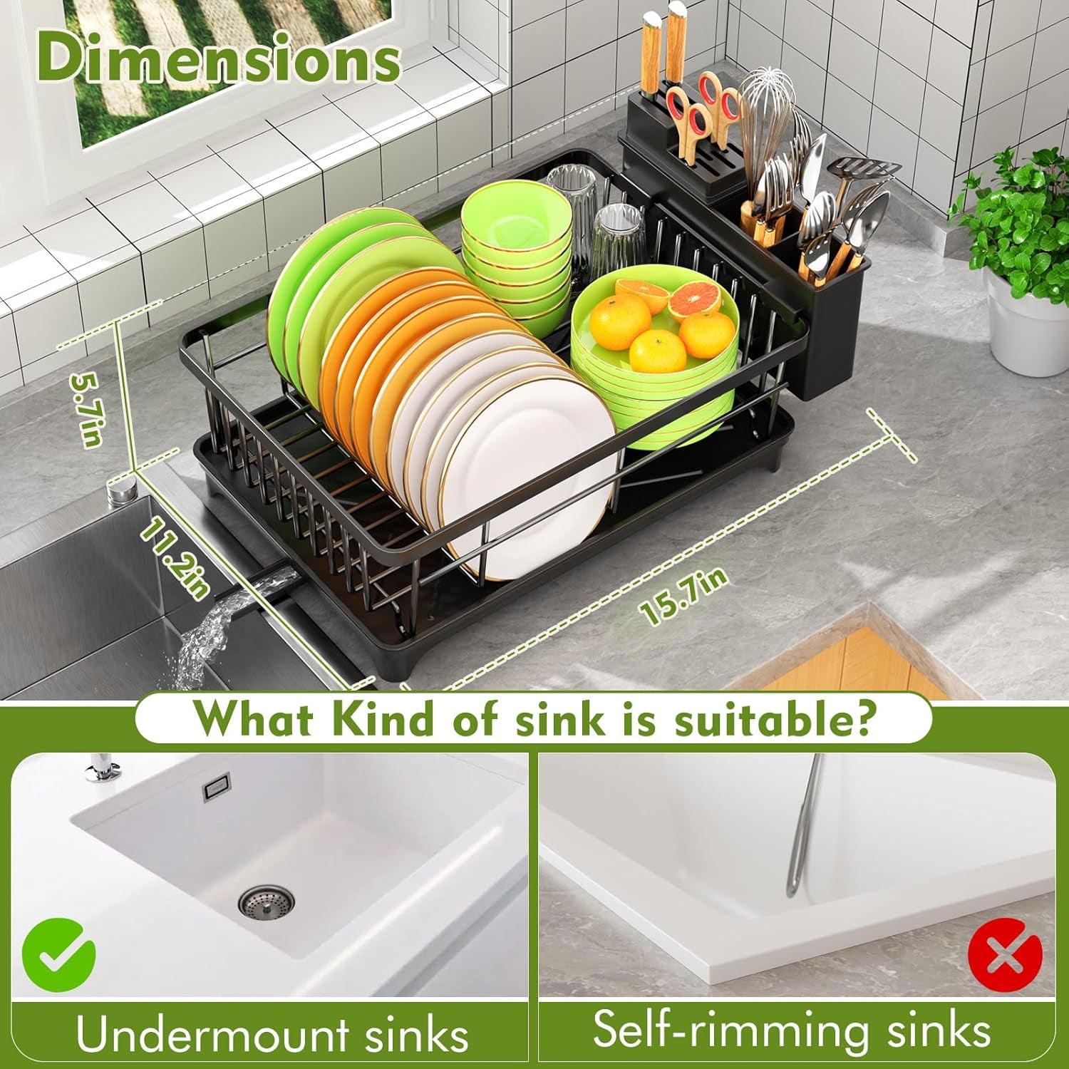 Dish Drainer Rack, Space Saving Dish Drainer for Kitchen Counter with Utensil Holder, Kitchen Dish Rack Sink Dish Drying Rack with Drain Board, Black