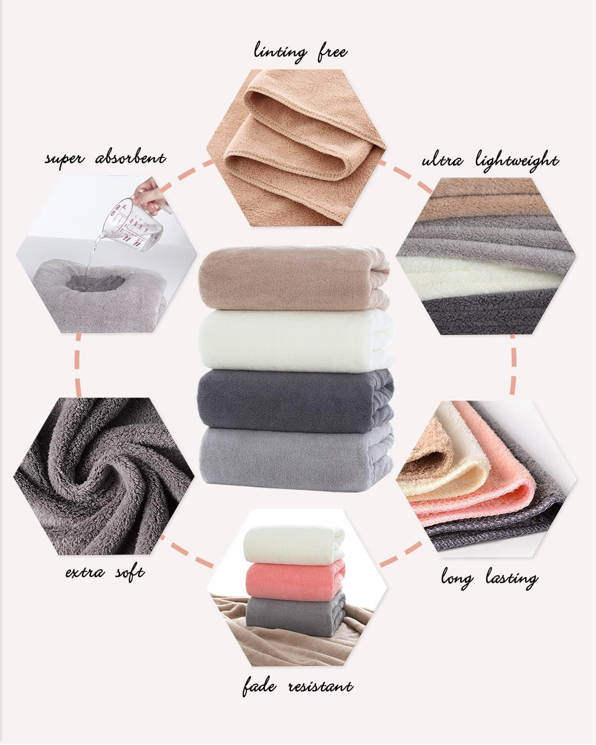Towels 4-Piece Soft Microfiber Bath Towel Set Incredibly Absorbent Lightweight Quick Dry and Durable, 55" L X 27" W, 4 Pack Multicolour