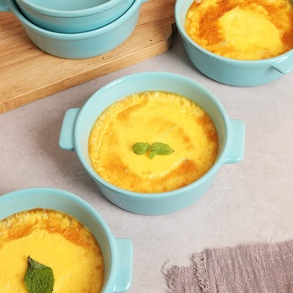 Ceramic Souffle Dishes, round Handle-Ramekins-Baking, 300Ml for Pudding,Creme Brulee,Souffle - Set of 6 (Multicolour)