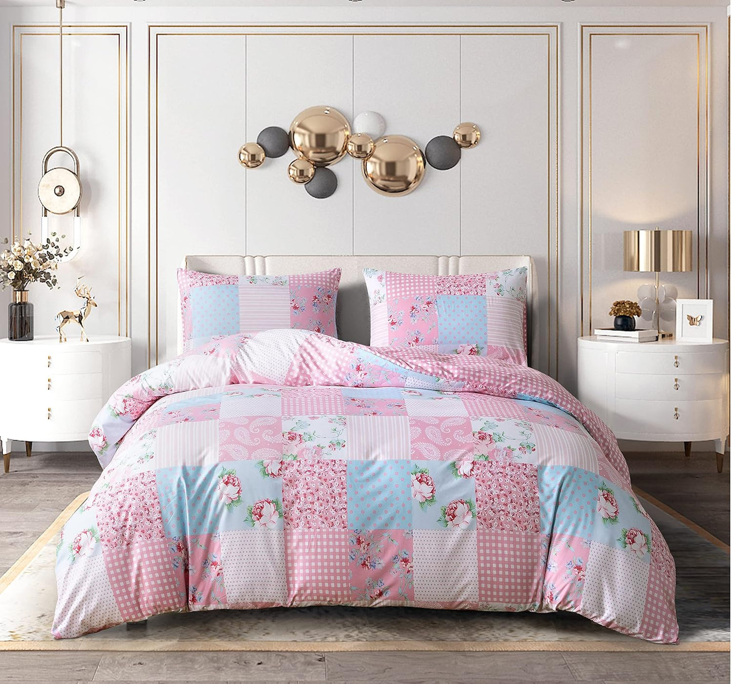 Best Linen 4 Piece Duvet Cover Set Polyester Cotton Quilt Cover Pillow Case & Fitted Sheet Complete Bedding Set Easy Care Machine Wash anti Allergic (Floral Grey, Double) (Duvetcover001)