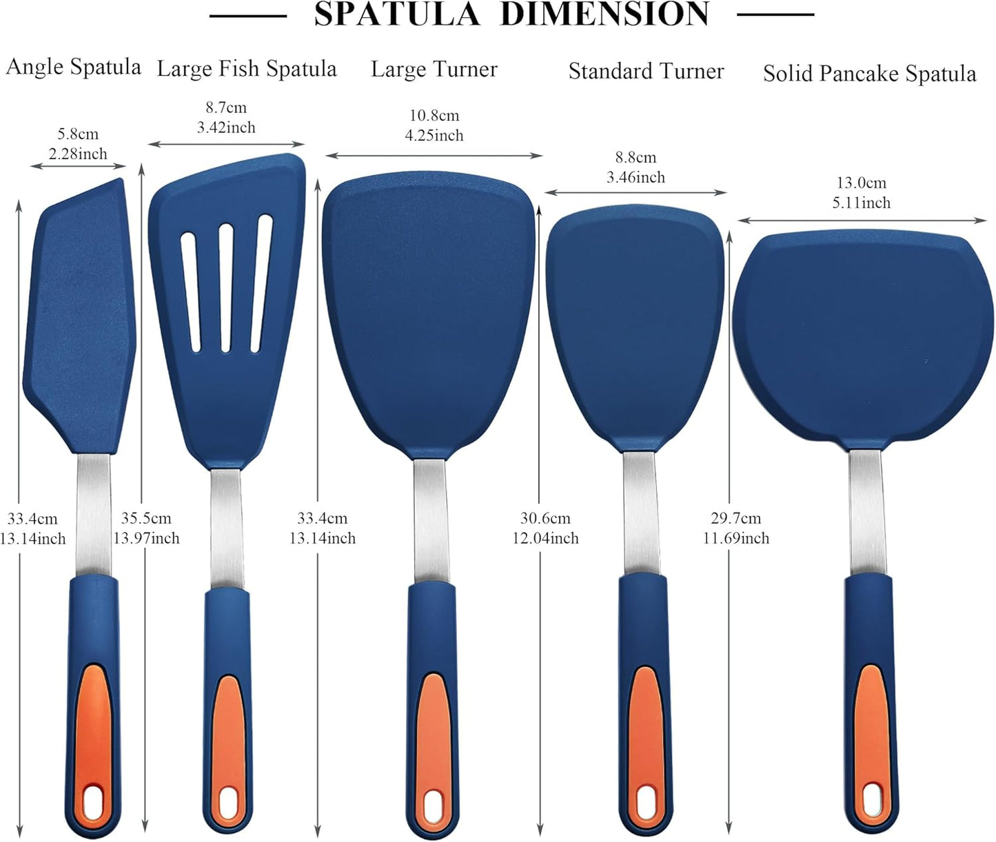 5 Pieces Silicone Spatula Set, BPA Free Silicone Turner Spatulas, Heat Resistance Cooking Utensils, Flip Turner for Fish, Egg, Pancake, Navy Blue