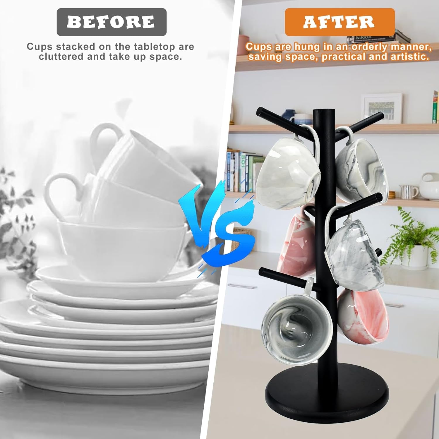 6 Cups Mug Tree Bamboo Cup Holder Tree Coffee Cup Holder Storage Rack Wood Cup Holder Storage Organizer Kitchen Mug Stand Hanger with Thickened Base for Coffee Mugs Tea Cups Tree, Black